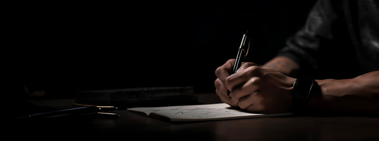 Unterzeichnung eines Dokuments, Unterzeichnung eines Vertrags, Verfassen eines Testaments, Unterschrift - auf einem dunklen Tisch - erstellt mit generativer KI-Technologie
